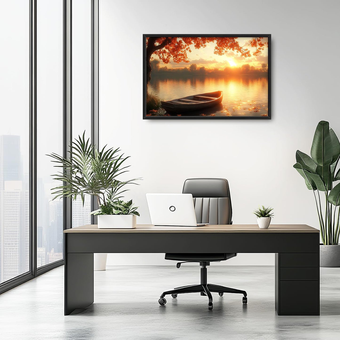 Large Lake Sunrise Landscape Wall Art for Living Room, Nature Boat Canvas Oversized Wall Decor, River Scenery Framed Pictures Painting Print Artwork for Bedroom Office 36"L x 24"W