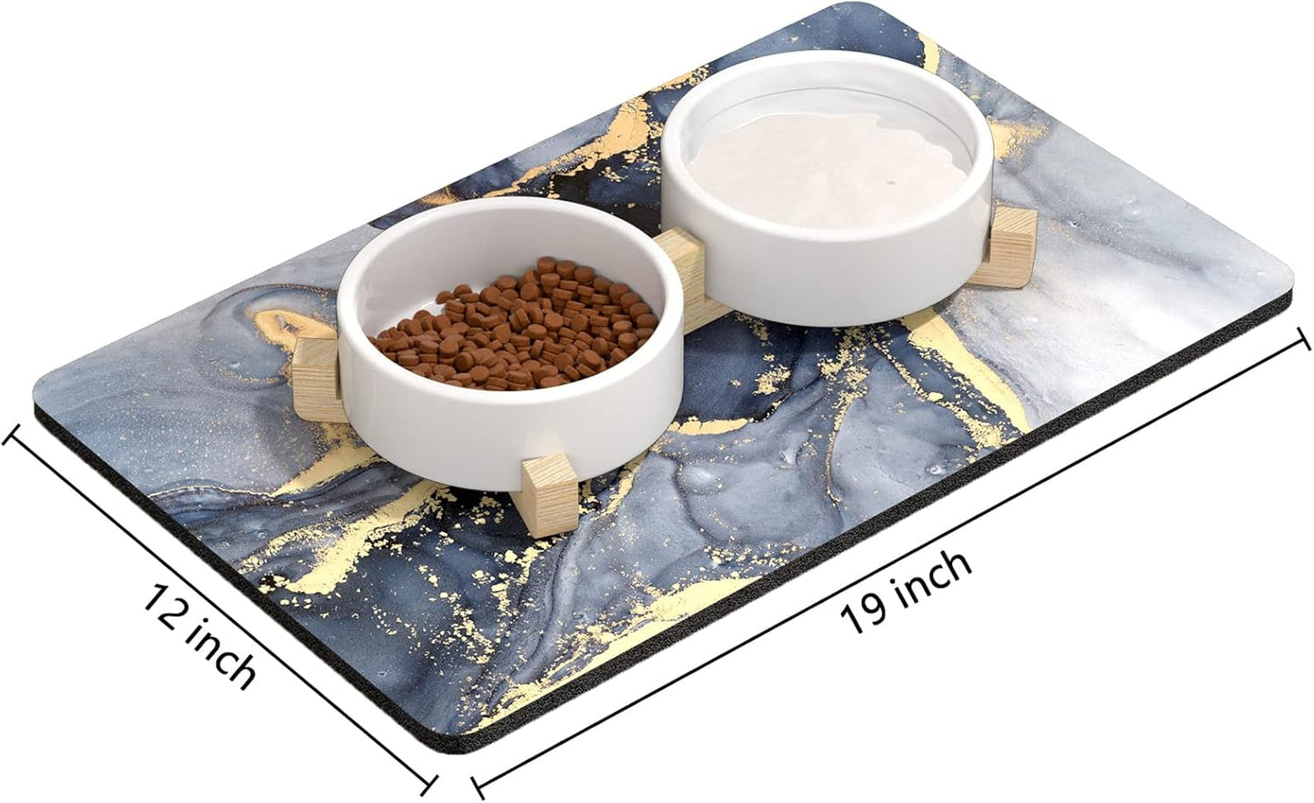 Rnivvi Dog Food Mat, 12" x 19" Marble Absorbent Dog Cat Bowl Mat for Food and Water, Cute Anti-Slip Rubber Pet Feeding Rug Protect Floors, Puppy Placemat for Feeding & Watering Supplies, Grey