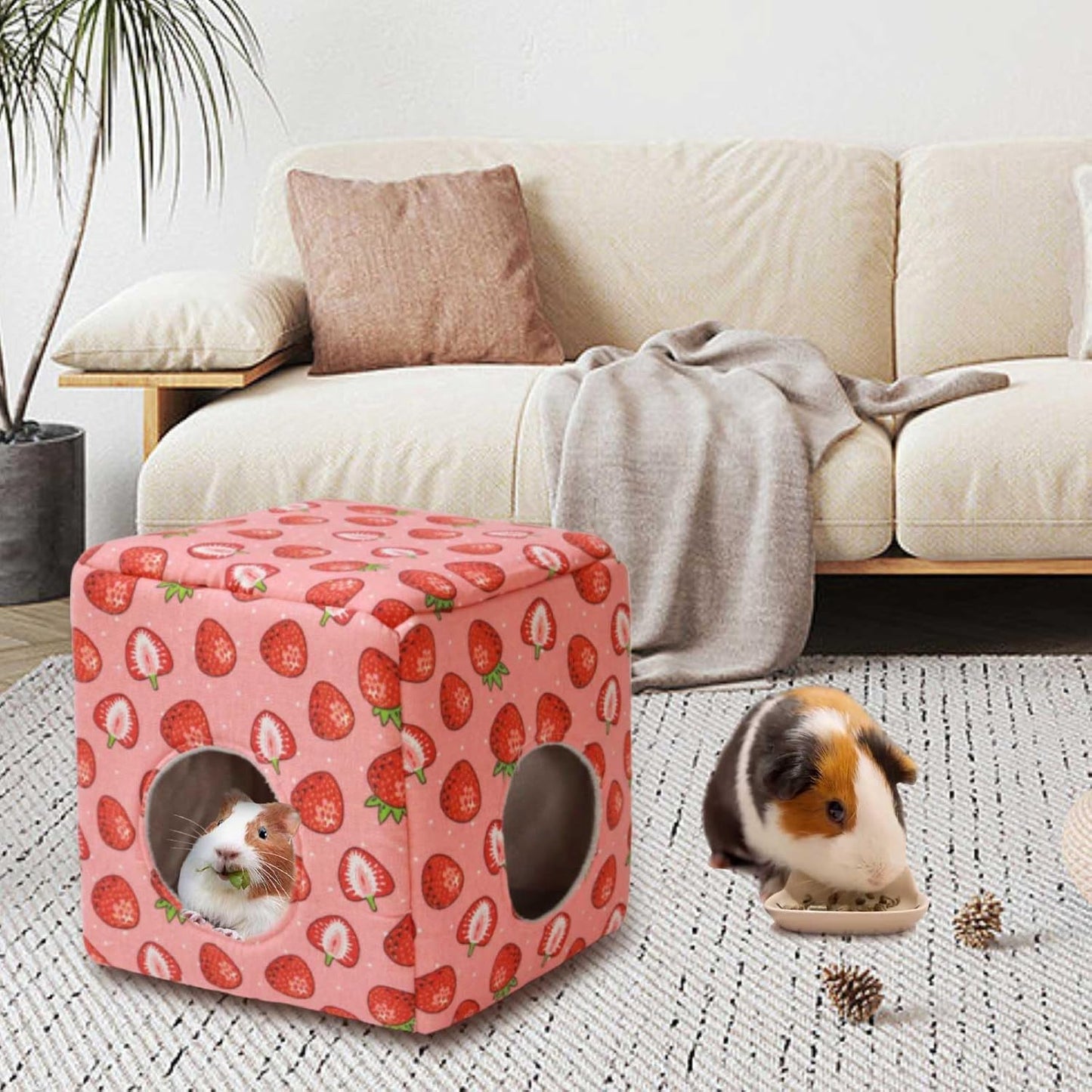 JSPYFITS Guinea Pig Hideout, Washable Guinea Pig House Cozy Small Pet Bed for Small Animal Bunny/Rabbit/Hamster/Chinchilla Accessories Pink Strawberry