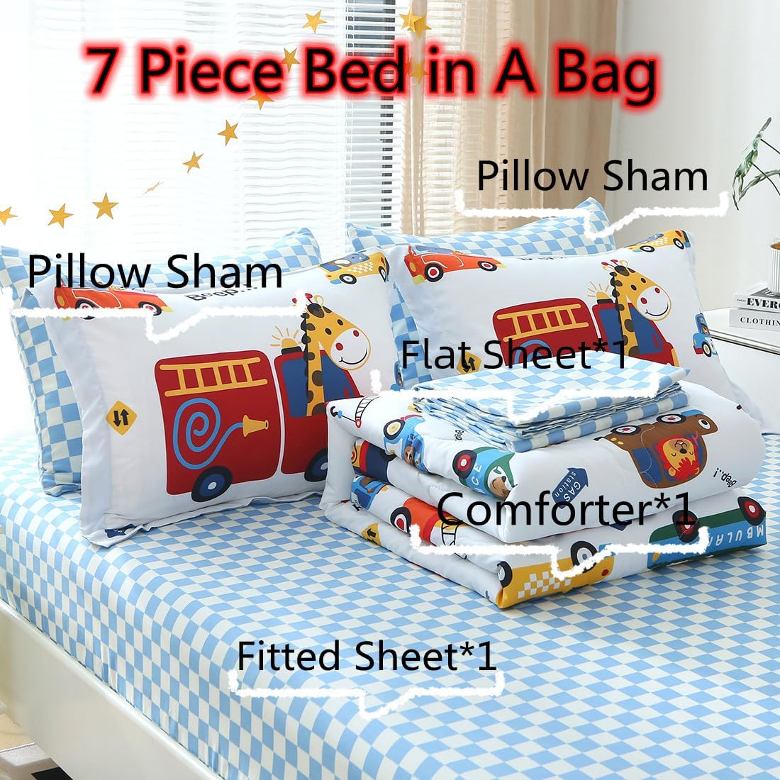Kids Cars Animal Comforter Set Twin Size for Boys Girls Teens 7 Piece Cartoon Construction Fire Truck Excavator Police Ambulance Lion Cat Dog Elephant Bedding Set Bed in A Bag,Colourful