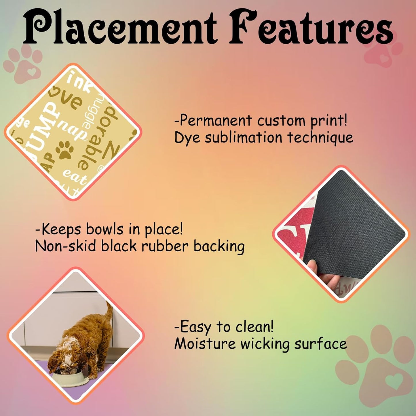 Personalized Dog Cat Feeding Mat Custom Pet Food Mat Waterproof Non-Slip Customized Puppy Name Photo Placemat Dish Rug Floor Protector Gifts for Pets Lover Pattern 2