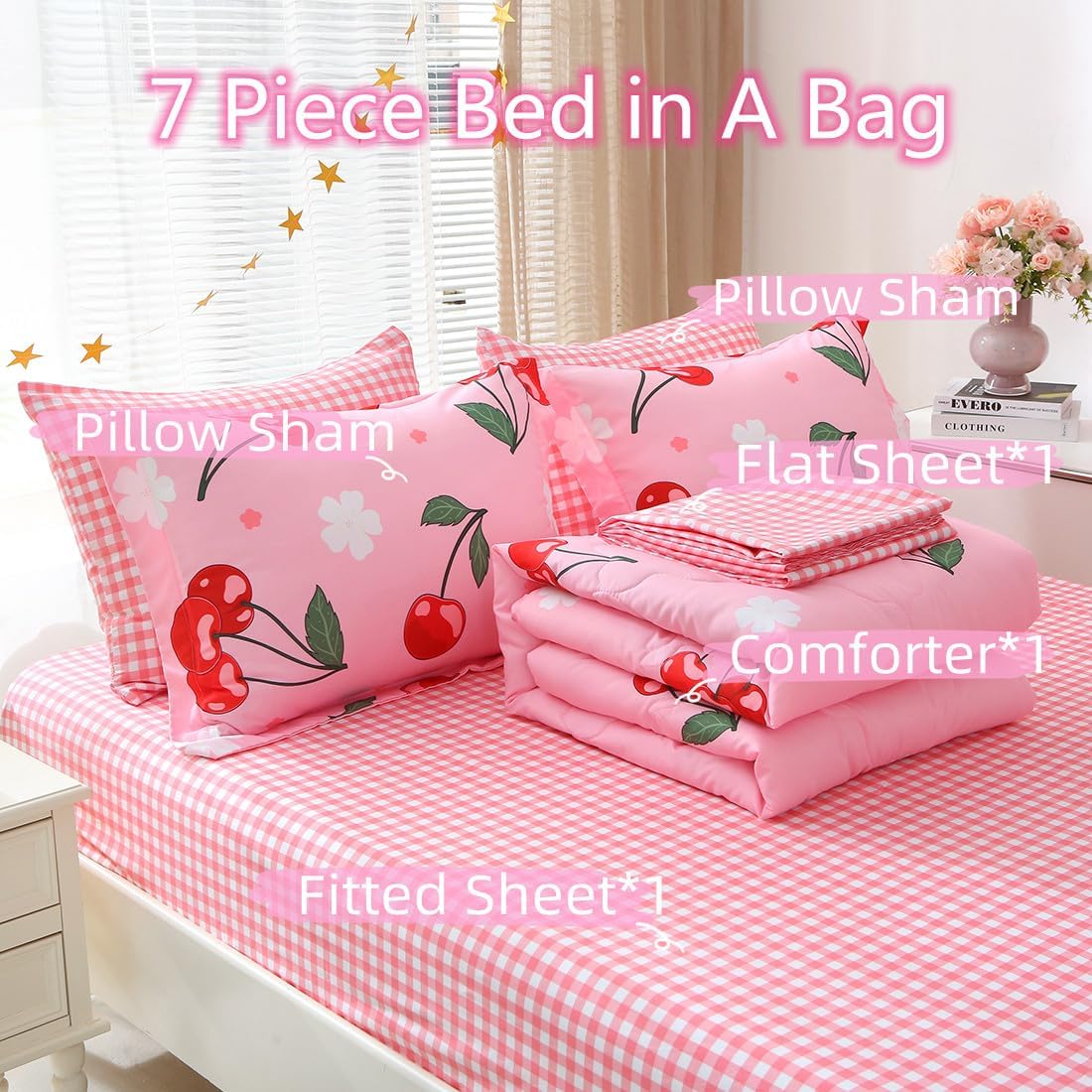 Girls Cherry Comforter Bedding Set Full Size 7 Piece Pink Kawaii Oriental Cherry Comforter Set Bed in A Bag for Kids Teens All Season (Comforter,Flat Sheet,Fitted Sheet and Pillow Sham)