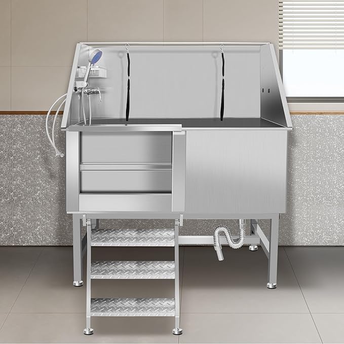 50" Pet Dog Bathing Station W/Ramp, Professional Stainless Steel Dog Grooming Tub W/Storage Drawer, Floor Grate, Faucet, Dog Bathtub For Large,Medium, Small Pets, Washing Sink For Home (50"Left ramp)