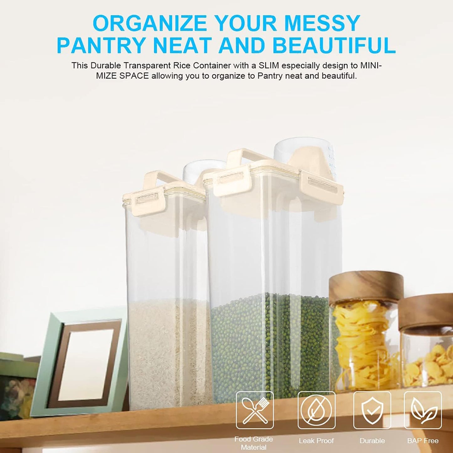 Rice Airtight Dry Food Storage Containers, BPA Free Plastic Storage Bin Dispenser with Pourable Spout, Measuring cup for Cereal, Flour and Baking Supplies, Include a Stainless Steel Whisk