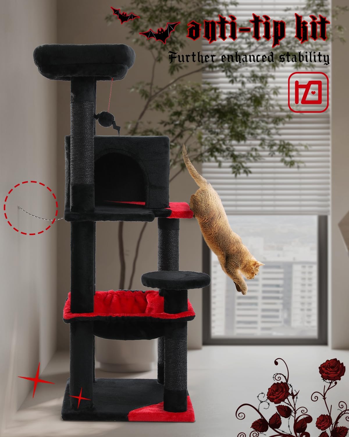 Gothic Cat Tree with Super Large Hammock, 45.7" Black Cat Tower with Coffin Bed, Cat Condo, Sisal Scratching Posts & Top Perch, Multi-Level Goth Cat Tree, Halloween, Black