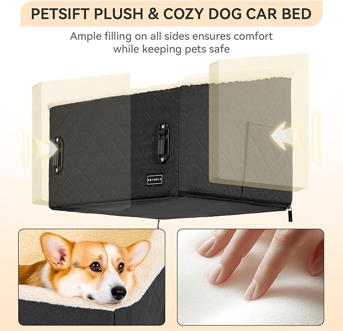 PETSFIT Dog Car Seats for Small Dogs, Soft Foam Dog Booster Seat with Patented Safety Buckles, Storage Pockets and Detachable Clip-On Safety Leash, Dog Car Seat for Medium Dogs 30 LBS (Black)