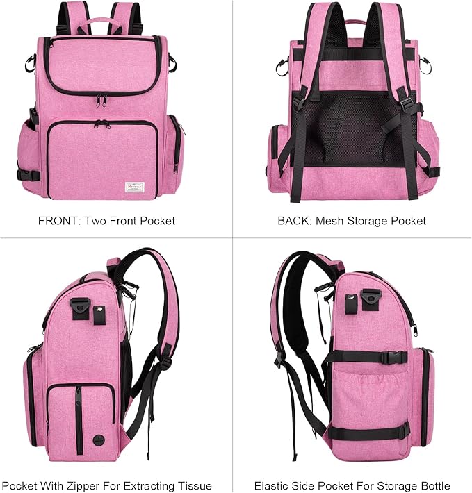 Modoker Dog Travel Bag Backpack, Airline Approved Pet Accessories Organizer for Dog and Cat with Shoulder Strap, 2 Dog Food Storage Containers, 2 Collapsible Dog Bowls,1 Pet Mat, Pink