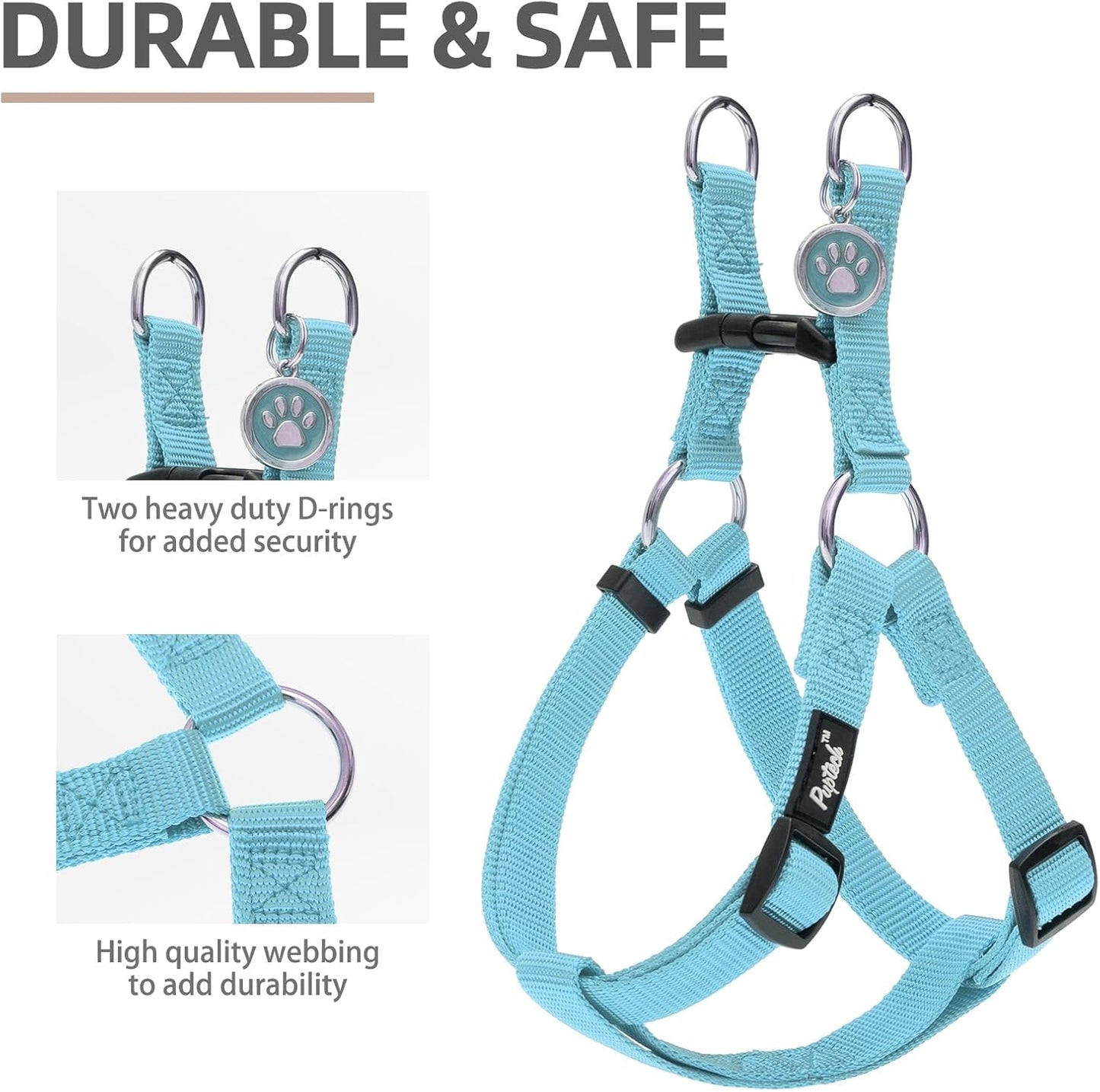 PUPTECK No Pull Dog Harness Soft Adjustable Basic Nylon Step in Puppy Vest Outdoor Walking with ID Tag and A-ir Tag Case, Sky Blue, M