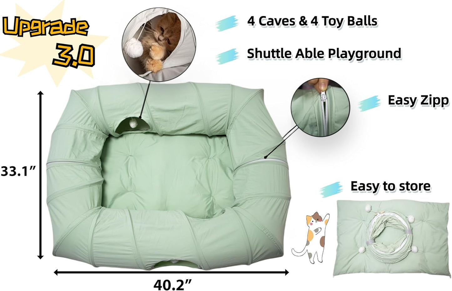 XxingSheep 4 Ways Shuttled XL Cat Tunnel Bed for Indoor Cats Peekaboo Cat Cave Donut with Cool Mat (Green)