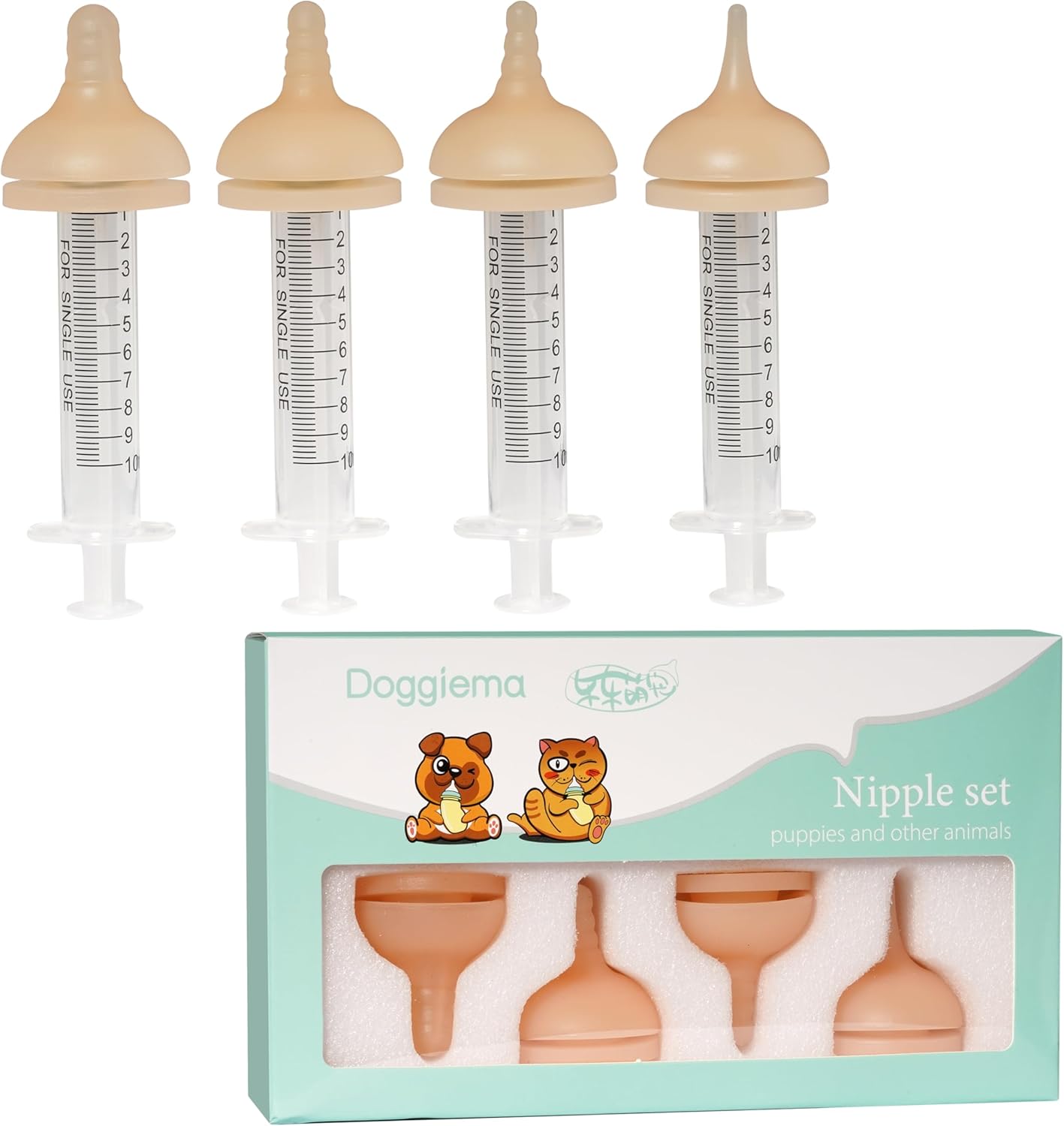 Silicone Feeding Nipple and Syringes for All Breed of Puppies and Other Animals Dongdong pet (4 Size Nipple+6 Syringes)