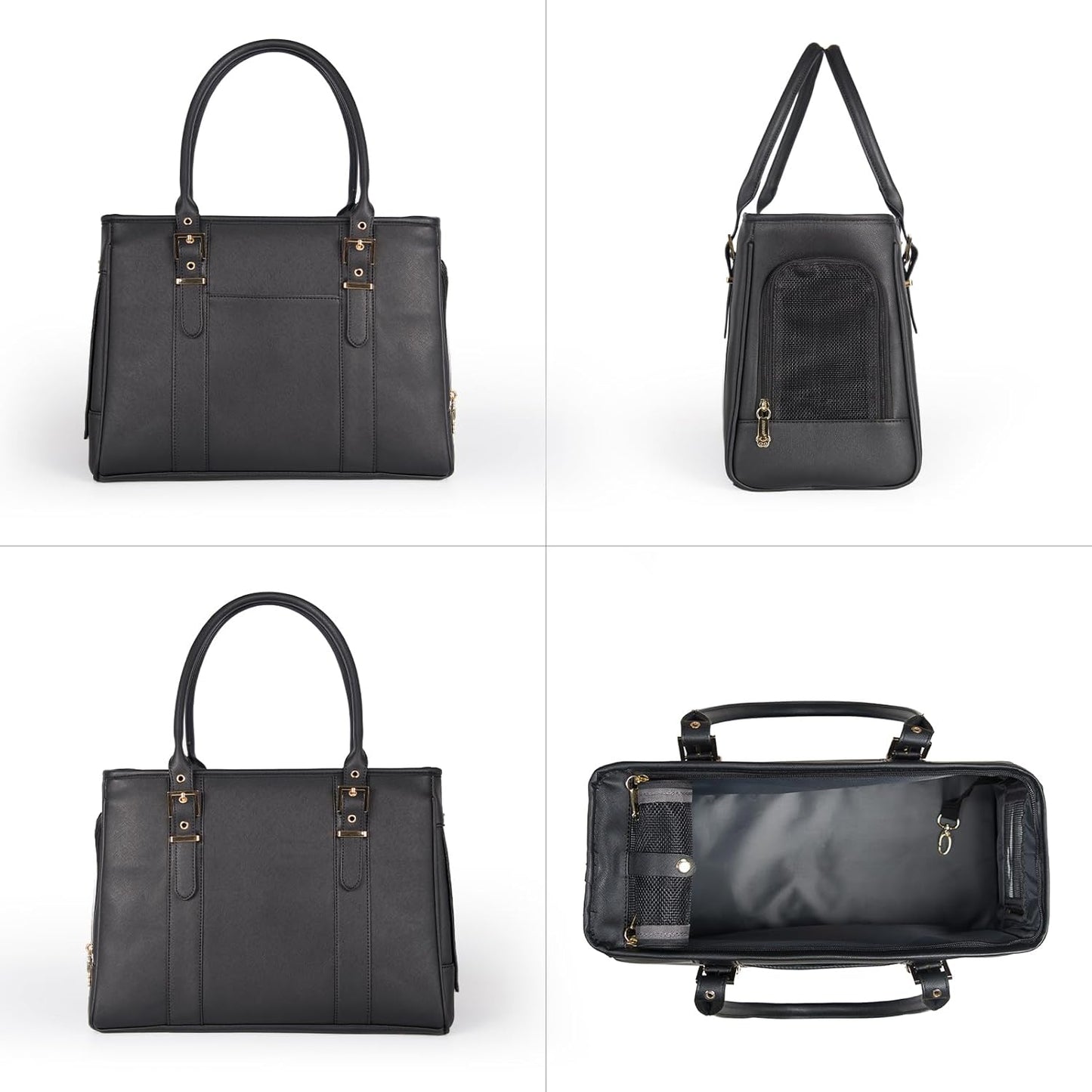 Fashion Pet Carrier Dog Purse Cat Bag Soft-Sided Carriers Travel Airline Approved, Stylish Leather Tote Handbag for Small Animal Puppy Kitten (Black)