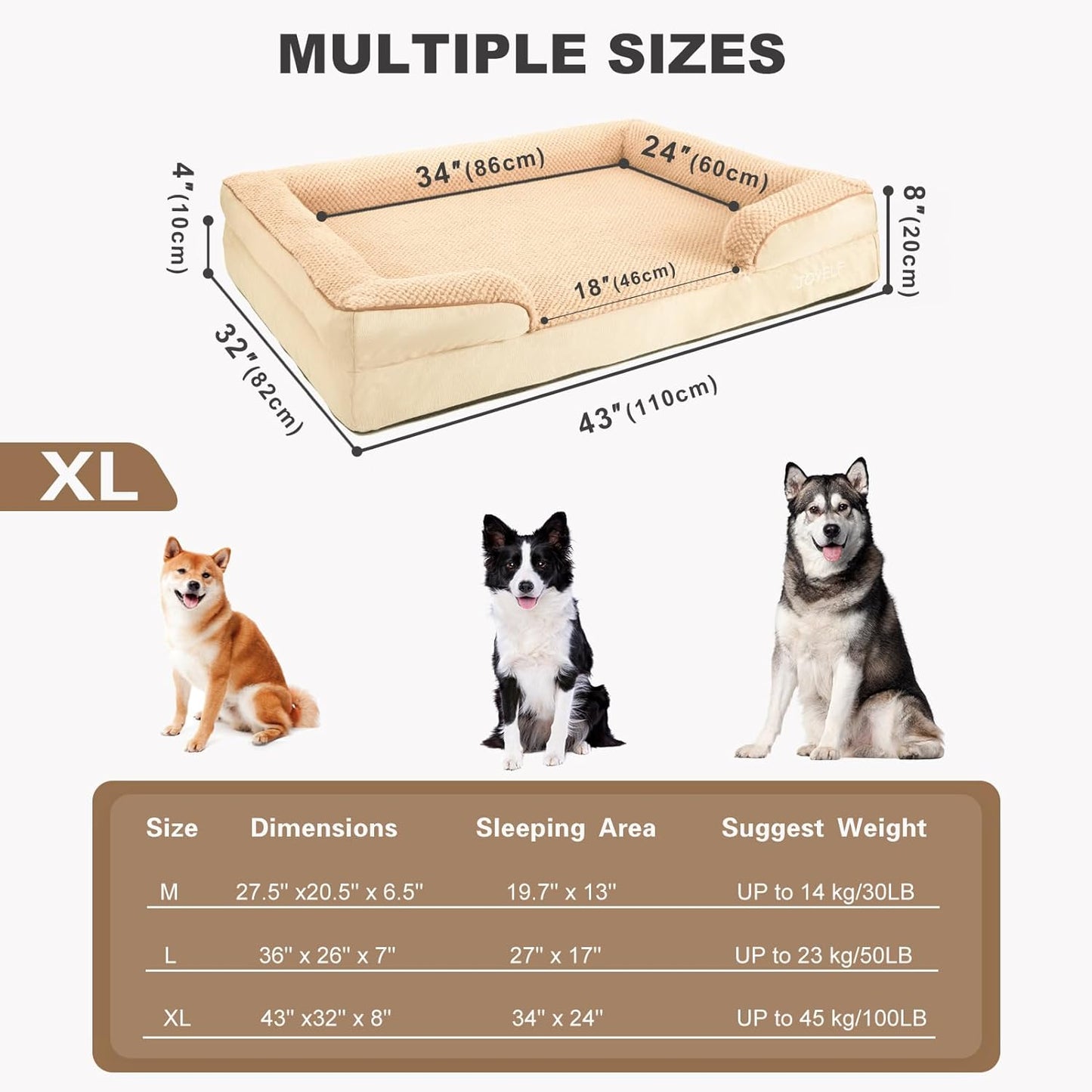 JOYELF Orthopedic Dog Bed for Extra Large Dogs, Foam Sofa Couch Bed, Waterproof with Removable Washable Cover and Nonskid Bottom, Durable - Khaki