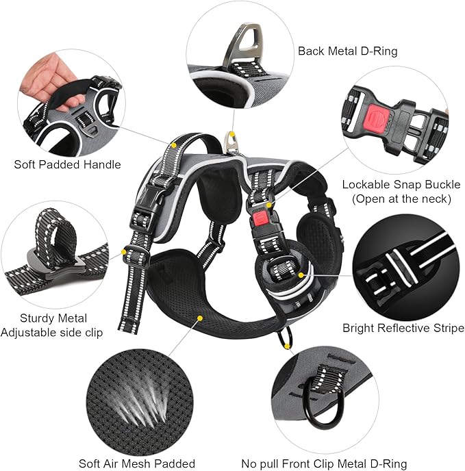 Timos Dog Harness Large Sized, No Pull with Neck Lockable Snap,No Choke Front Clip Dog Reflective Harness,Adjustable Metal Rings 3 Buckles,Easy Control Handle for Large Dogs Gray L