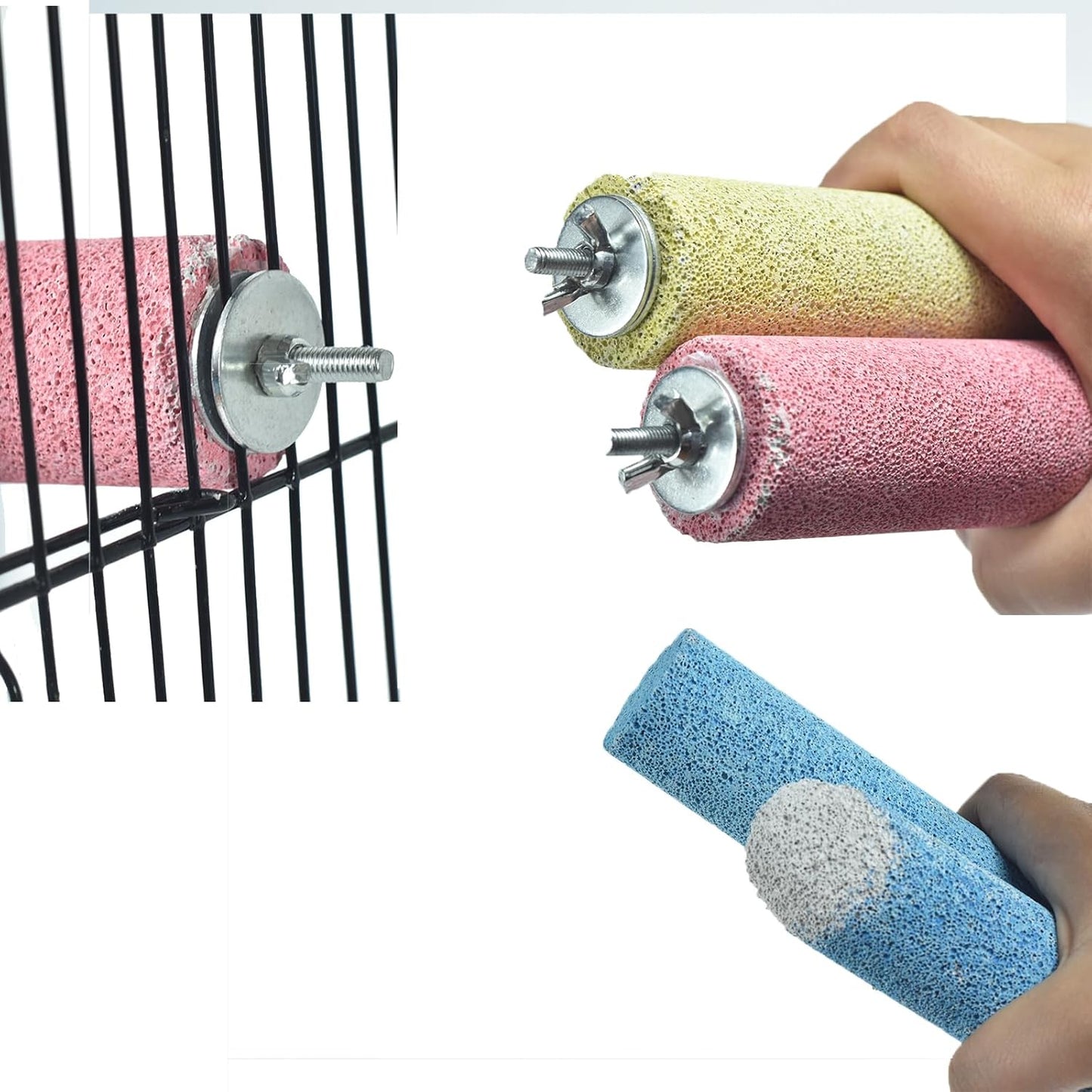 2 Pack Bird Perch Cage Stands Parrot Small Animals Beak Grinding Stone Foot Claws Trimmer Stick Parakeets Calcium Natural Chewing Toys for Small Medium Birds Budgies Conures Cockatiels Rats