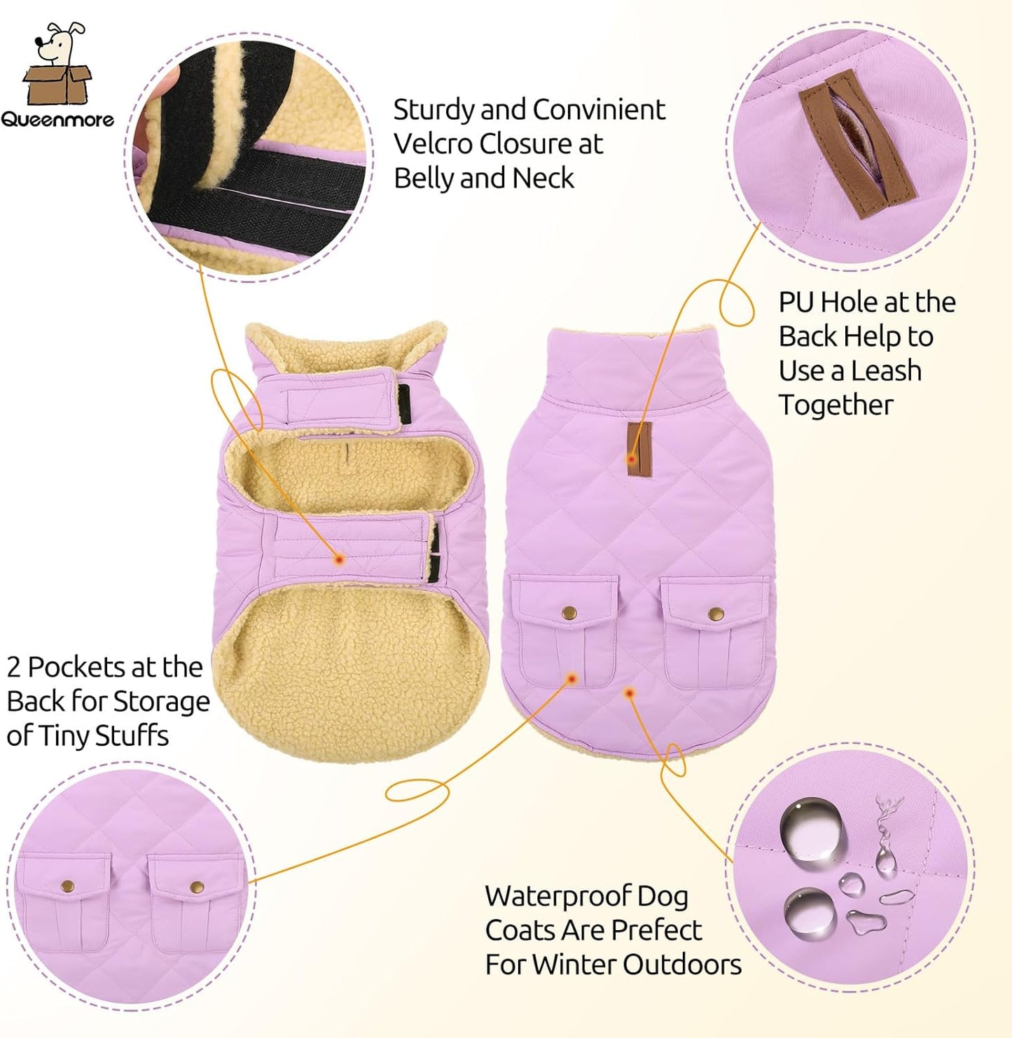 Queenmore Warm Dog Coat, Cold Weather Puffer Dog Coat Vest, Quilting Winter Pet Jacket Ultra Thick Plush Fleece Lining Pet Clothes for Dogs with Storage Pockets (Lilac, X-Small)