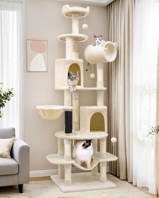 Globlazer Artistic Curved Cat Tower for Small Cats (Under 12 lbs), 81-inch Slim Design Cat Tree with Space-Saving Design, Indoor Cat Condo with Hammock & Tunnel, C81, Beige, Non-Large Cats