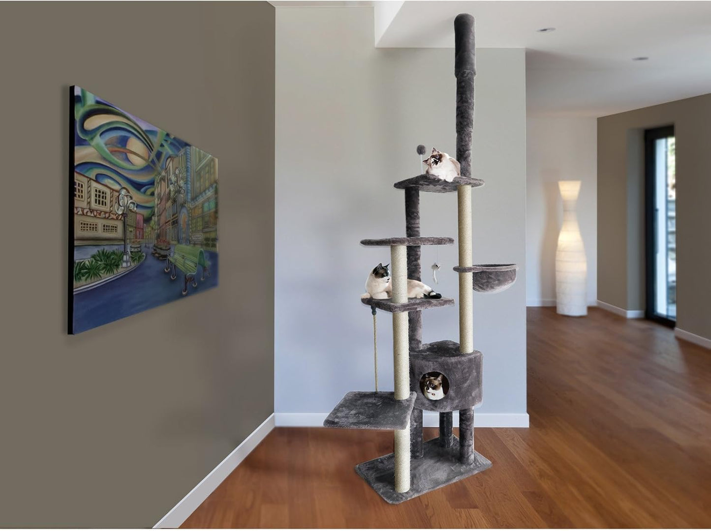 Furhaven 100"-113" Tall Cat Tree for Indoor Cats w/ Adjustable Height, Ft. Sisal Scratching Posts, Condo, & Toys - Tiger Tough Skyscraper Interactive Playground Tower - Gray, One Size