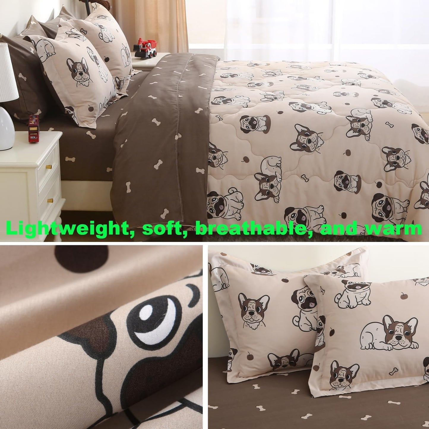 Kids Comforter Set 7 Piece Bedding Cute Dog Cartoon Animal Bed Microfiber Comforter Full Size All Season (1 Comforter, 1 Flat Sheet, 1 Fitted Sheet, 4 Pillowcase)