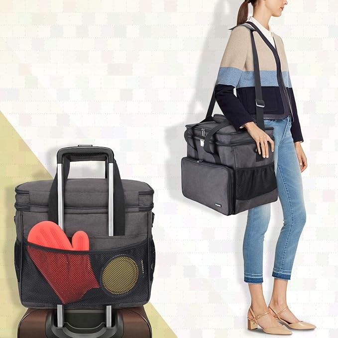 Teamoy Double Layer Dog Travel Bag, Dog Bag for Supplies with 2 Silicone Collapsible Bowls, 2 Food Carriers, 1 Water-Resistant Placemat, Pet Supplies Weekend Tote Organizer (Large, Black)