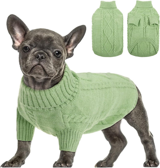 Queenmore Small Dog Pullover Sweater, Cold Weather Cable Knitwear, Classic Turtleneck Thick Warm Clothes for Chihuahua, Bulldog, Dachshund, Pug, Yorkie (Green, Medium)