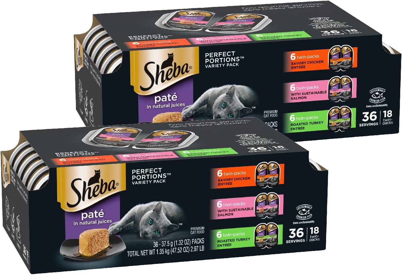 Sheba Perfect Portions Wet Cat Food Pate Savory Chicken, with Sustainable Salmon, and Roasted Turkey Entree Variety Pack, 2.6 oz. Twin-Pack Trays (18 Count, 36 Servings) (Pack of 2)