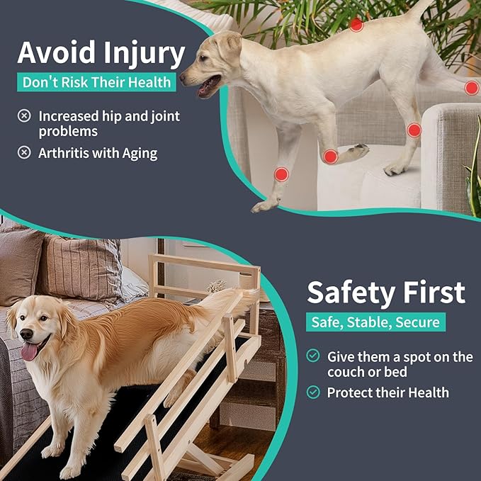 Dog Ramp, 5 Level Adjustable Height Folding Pet Ramp for High Bed, Portable Paw Ramps Large Bed Ramp for Medium & Large Old Dogs & Cats - Natural Wood Furniture Quality