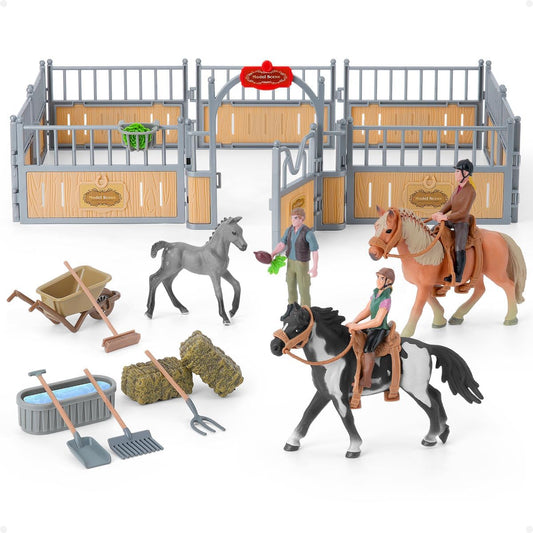Horse Stable Playset, Horse Gifts for Girls and Boys with 3 Horses and 2 Riders, Horse Toys Set Farm Animals Toys for Kids 3 4 5 6 7 8+ (Horse Playset 1)