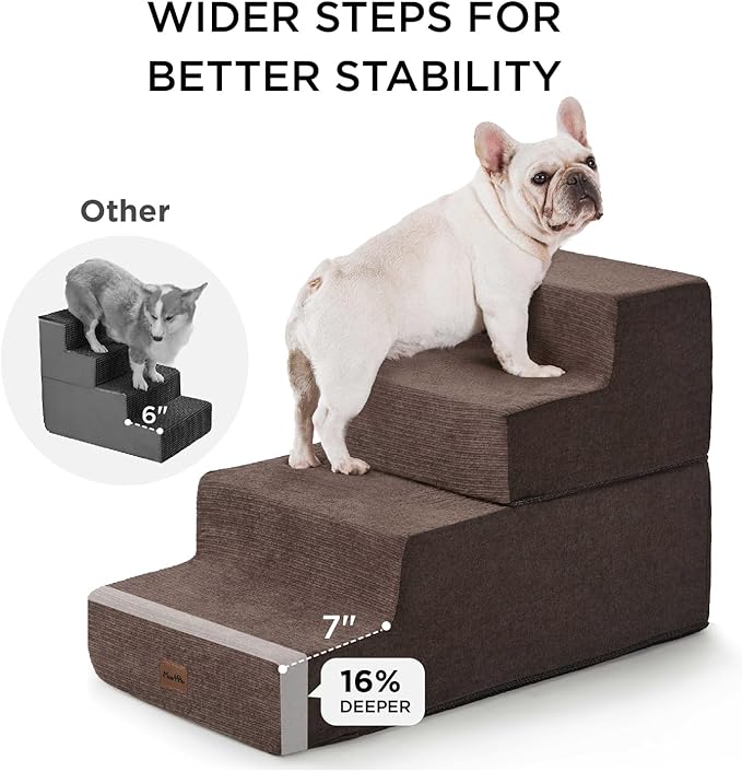 Made4Pets Dog Stairs for High Bed, Extra Wide Pet Stairs for Bed Couch Sofa, 35D Foam Pet Steps for Small Dogs and Cats, Non-Slip Bottom Dog Steps, Brown, 5 Steps