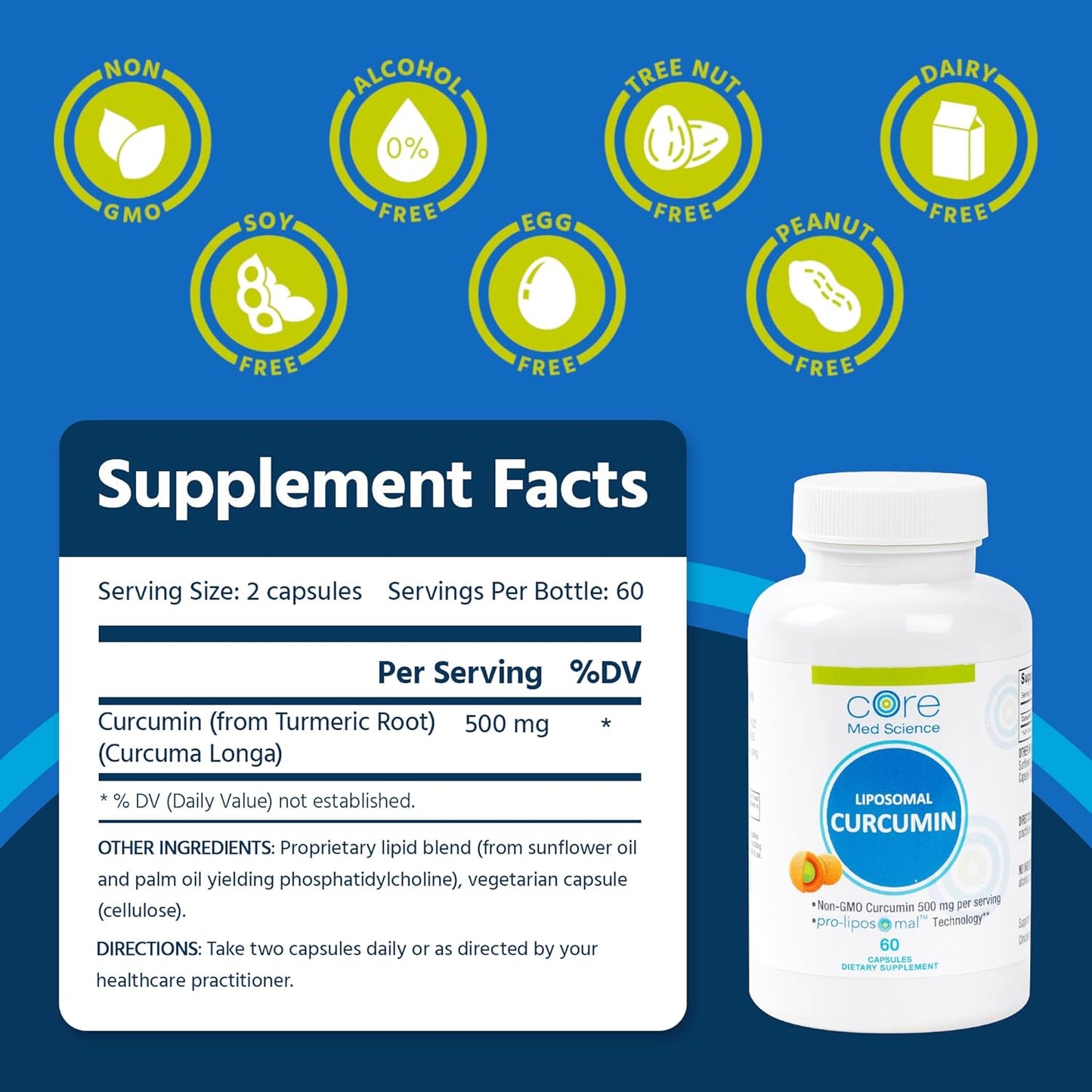 Core Med Science Liposomal Curcumin Capsules, 500mg - Pure Turmeric Extract Supplement - High Absorption Joint & Heart Health Support for Adults - Promotes Cognitive & Brain Health, Non-GMO (60 Count)