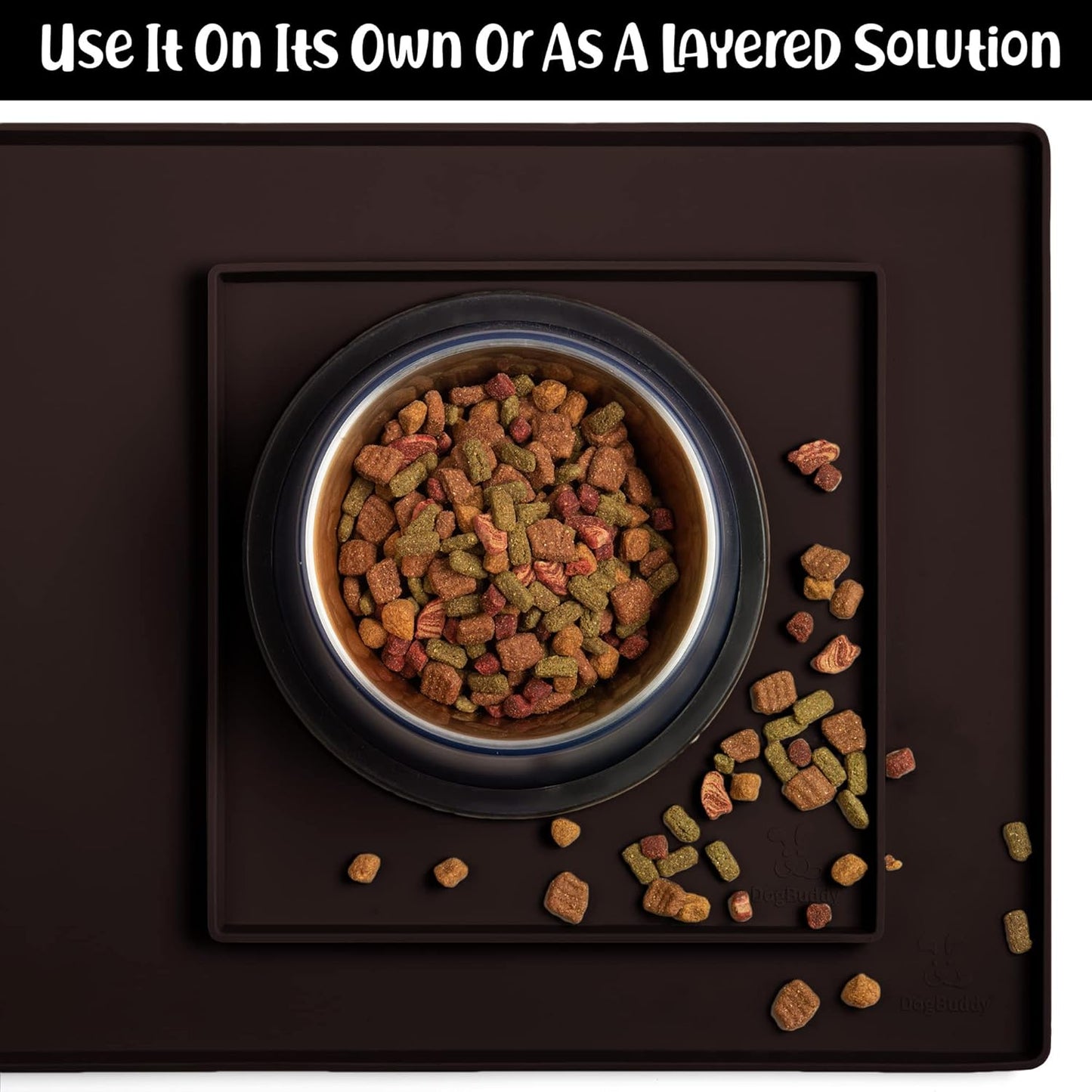 DogBuddy Dog Food Mat – Waterproof Dog Bowl Mat for Food and Water, Silicone Pet Feeding Mats for Floors, Non-Slip Placemat with High Edges for Dogs Bowls, Puppy Essentials (XS: 11" x 11", Coffee)