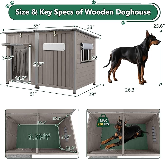 55" Extra Large Outdoor Dog House Weatherproof Wooden Doghouse Indoor for Large Breed Dogs with Anti Bite Frames with Window,10 Elevated Feet, Reinforced Bottom for Pet Up to 220LBS