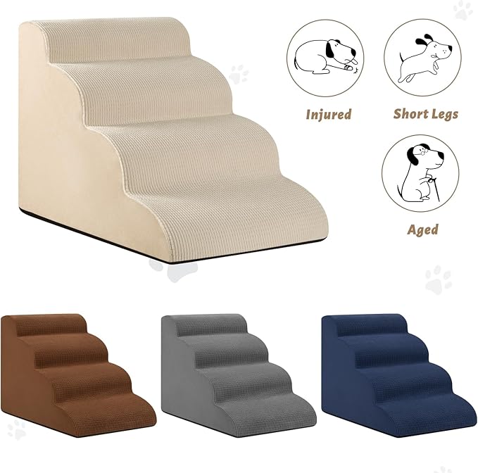 4-Step Dog Stairs and Ramp for Beds or Couches,Non-Slip Sturdy Pet Steps for Small Dogs and Cats,17.4" H,Beige