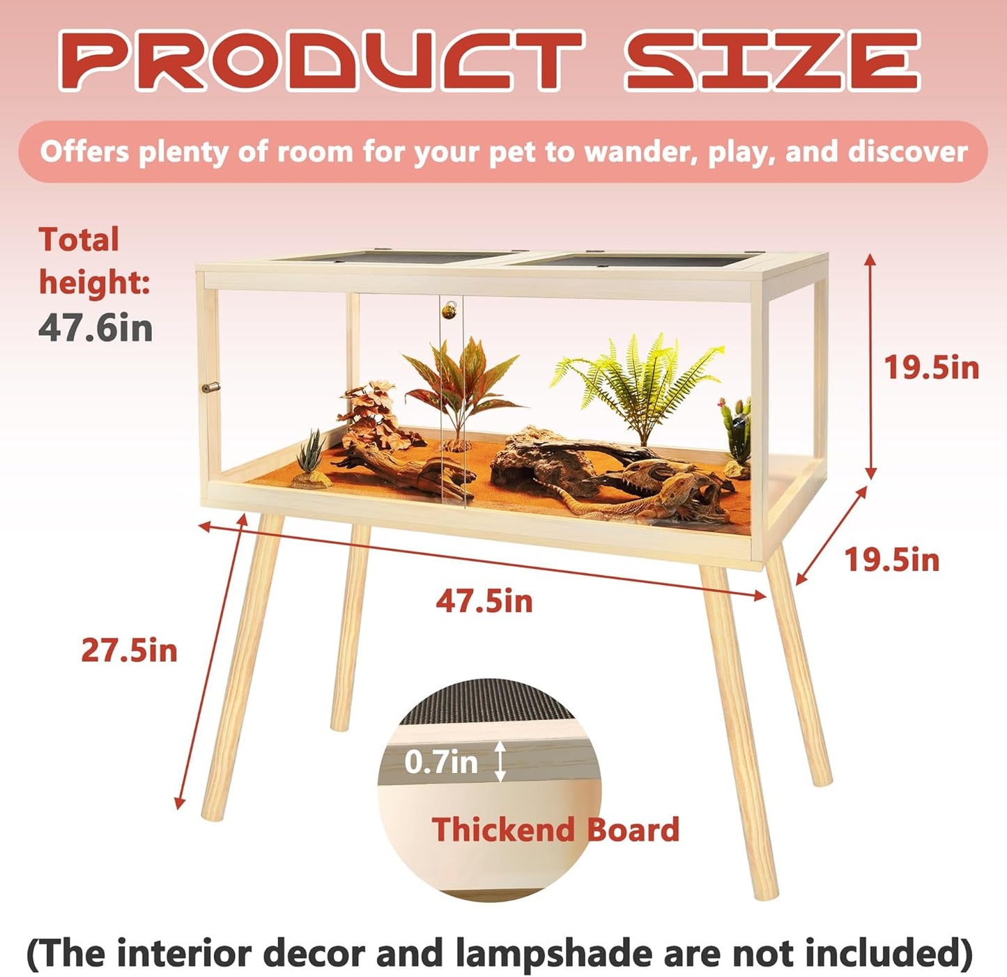Bearded Dragon Tank with Legs Up to 77 Gallons, Tortoise Habitat with Metal Mesh Top, Reptile Enclosure Lockable Design, Snake Tank (Oak, 77 Gallon, 48" L x 20" W x 47.6" H)