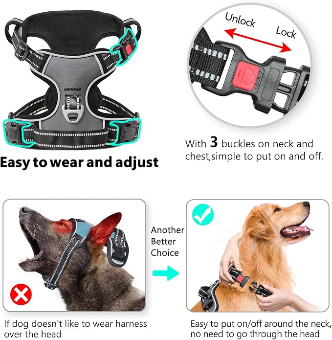 Timos Dog Harness Small Sized, No Pull with Neck Lockable Snap,No Choke Front Clip Dog Reflective Harness,Adjustable Metal Rings 3 Buckles,Easy Control Handle for Small Dogs Gray S