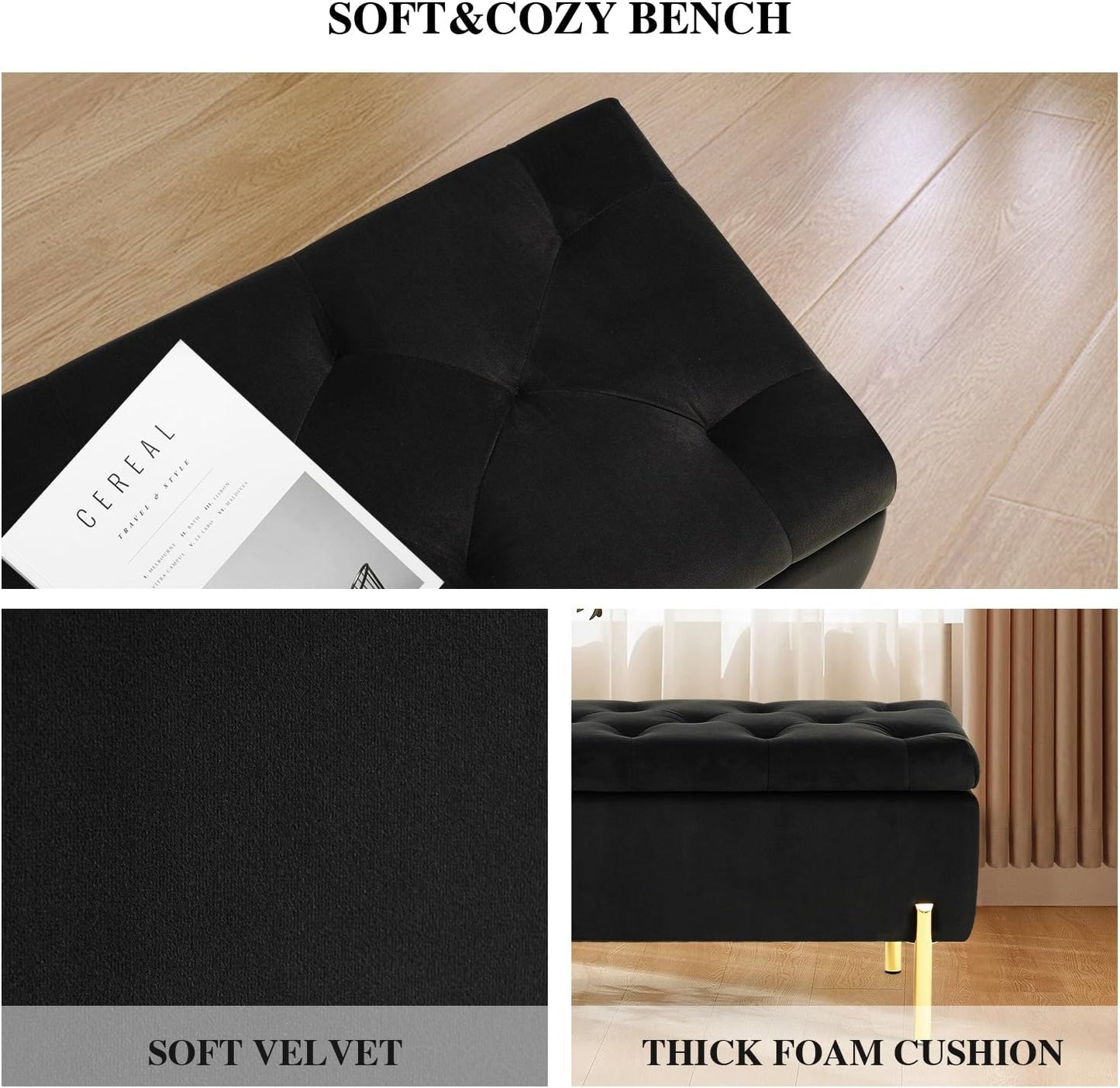 Velvet Storage Bench Ottoman,Versatile Seating with Hidden Storage,End of Bed Bench,Tufted Bench for Bedroom,Living Room,Entryway,Black