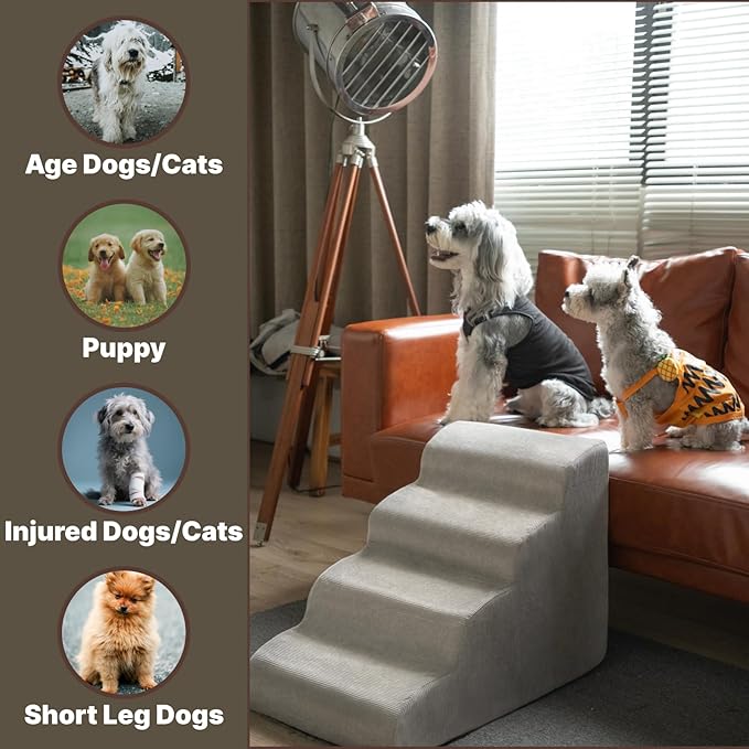 MEWANG Dog Stairs for Small & Medium Dogs and Old Cats –3/4/ 5 Steps High-Density Foam Pet Ramp for Bed & Couch, Non-Slip, Washable Cover, Grey (Round Corner, 4 Steps: 23.94''×18.27''×14.96'', 2)