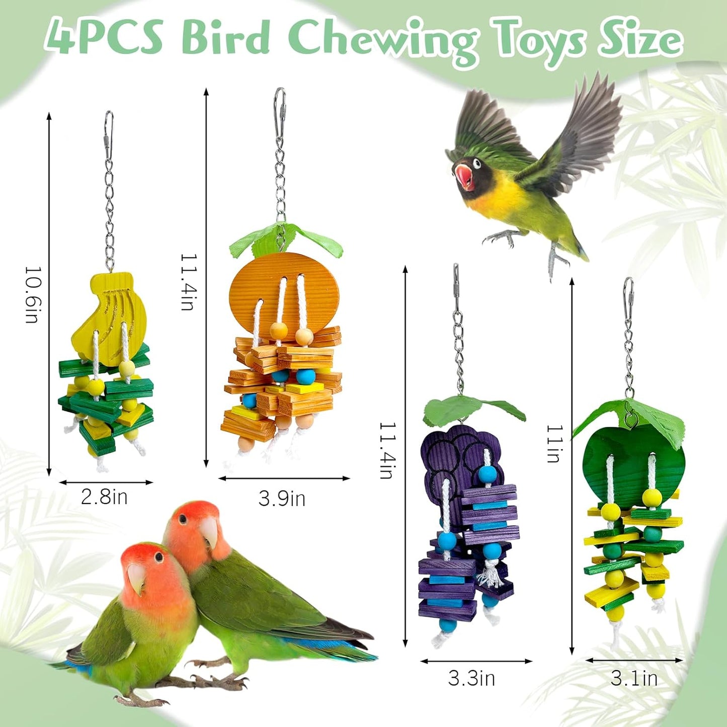 Hamiledyi Natural Wood Block Bird Cage Toys Parrot Chewing Toy Orange&Apple& Banana&Grapes Shaped Hanging Foraging Toy for Small&Medium Birds Parakeets Cockatiels,4pcs