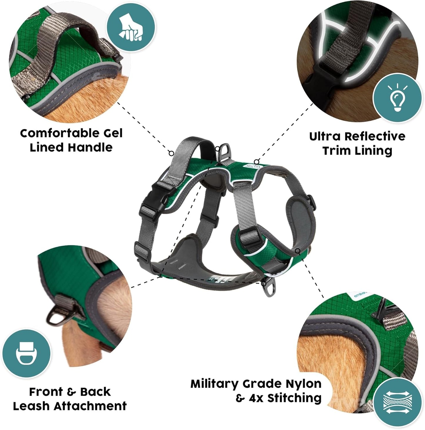 Embark Adventure Dog Harness, Reflective Trim No Pull Dog Harnesses for Small Sized Dogs - Military Grade Nylon, Front Clip with Gel Lined Handle.