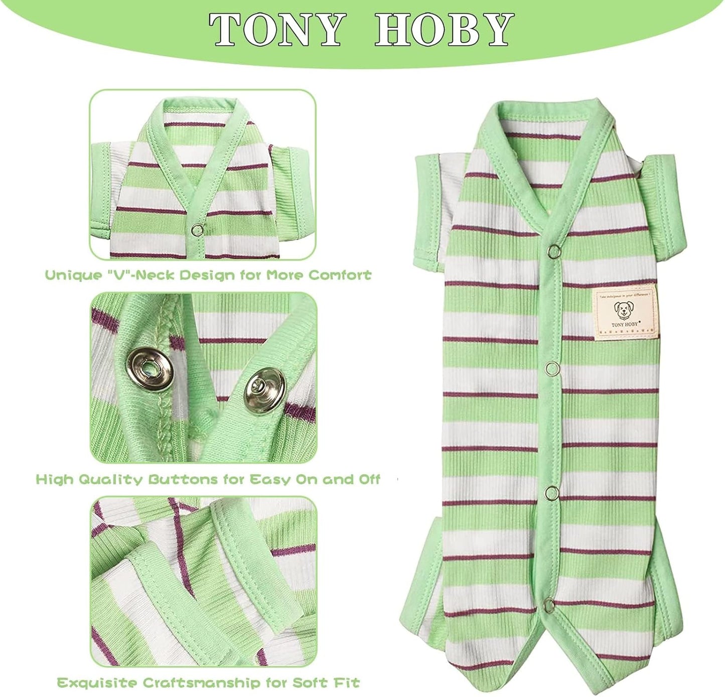 TONY HOBY Dog Pajamas, Male Dog Jumpsuit with Green Stripe, Dogs Clothes for Small Medium Size Dogs (Green&White, Boy, XL)