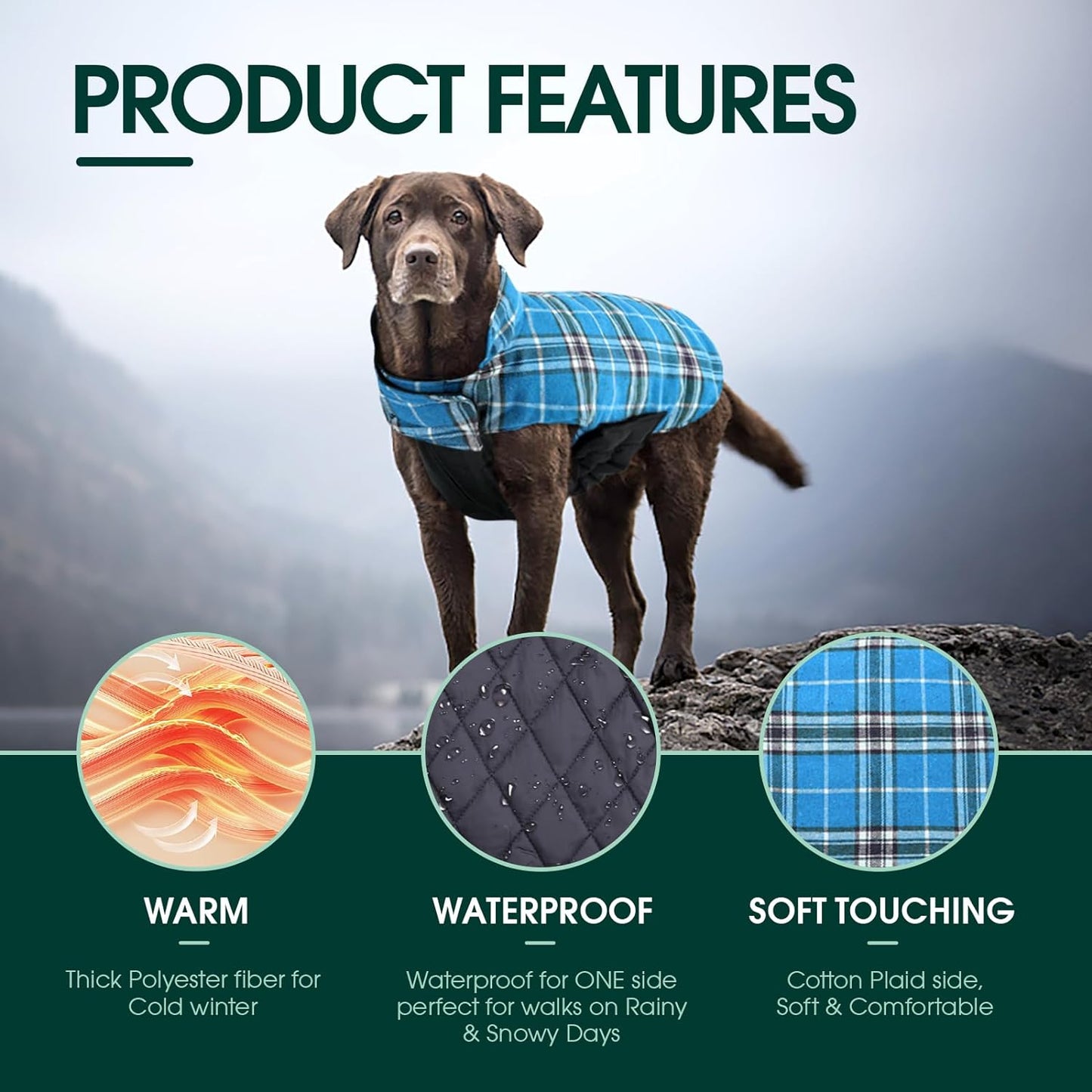 Kuoser Warm Dog Coat, Waterproof Dog Jacket for Extra Large Dogs, Adjustable Durable XXXL Doggie Winter Coat Reversible Puppy Cold Weather Apparel for Large Breed, Blue 3XL