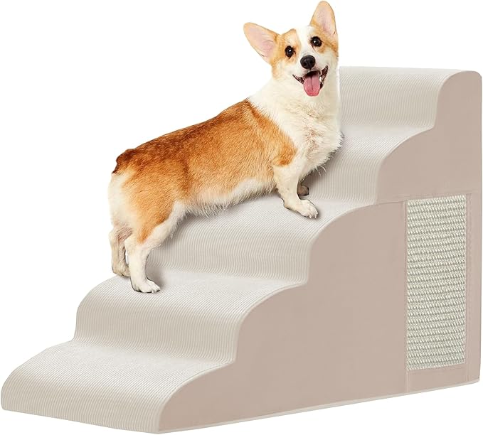 Pet Stairs, Dog Stairs for Small Dogs, Dogs Steps, 5-Step Curved Dog Ramp for Bed, Couch, Sofa, Car and Chairs, Non-Slip Bottom Design, Cat Scratching Board, High Density Foam Portable Pet Step, Beige