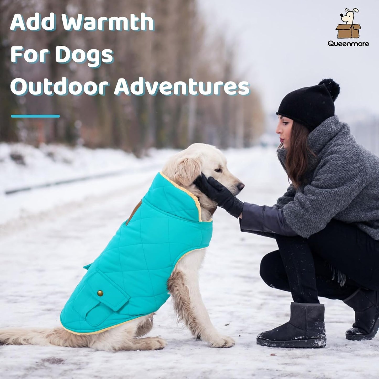 Queenmore Warm Dog Coat, Cold Weather Puffer Dog Coat Vest, Quilting Winter Pet Jacket Ultra Thick Plush Fleece Lining Pet Clothes for Dogs with Storage Pockets (Light Blue,X-Large)