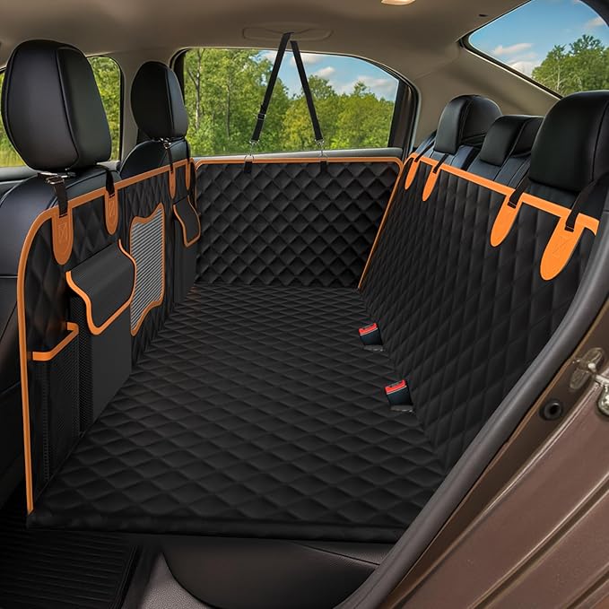 Back Seat Extender for Dogs - Holds 450lbs, Waterproof Dog Car Seat Cover for Back Seat with Hard Bottom for Cars SUVs Truck,Anti-Scratch No Slip Large Space Pet Backseat Protector,Black Orange