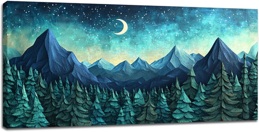 Quorin Abstract Mountain Large Wall Art Forest Moon Starry Night Sky Pictures Nature Landscape Wall Decor Canvas Print Painting Artwork for Bathroom Living Room Bedroom 30"x60"