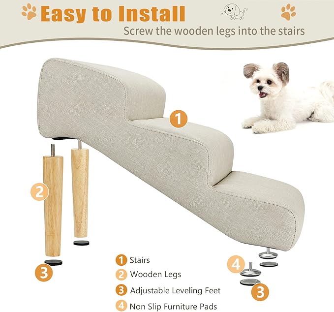 Senneny Imitation Linen Faux Leather Dog Stairs, for Pets up to 150 lbs, Waterproof, Scratch Resistant Pet Steps/Stairs with High Density Foam and Detachable Wooden Legs, Light Beige Linen, 3 Step
