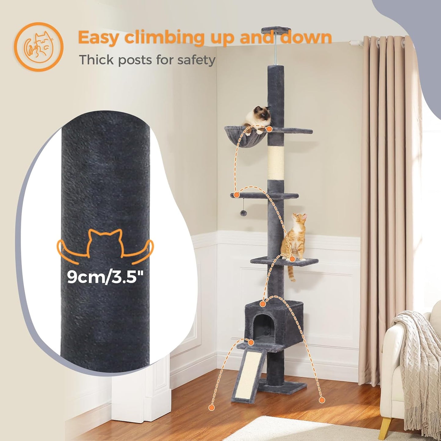 PEQULTI Floor to Ceiling Cat Tree, Tall Cat Tower, Adjustable Height (83''-108'') 5 Levels Climbing Tree for Indoor Cats with Cat Condo, Cozy Hammock and Scratching Post, Smoky Grey