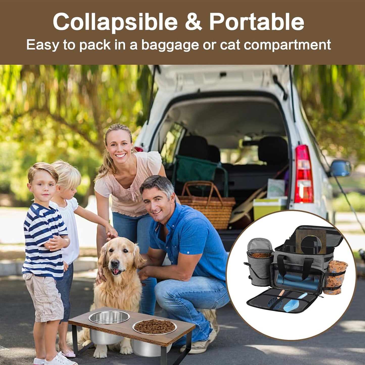 Elevated Dog Bowls for Small Medium Wood Dogs Raised Bowl Stand with 2 Stainless Steel Deep Dog Food and Water Bowls, Anti Vomit, Non-Slip Feeding Dishes(Tilted，3 inches in Height, 40oz