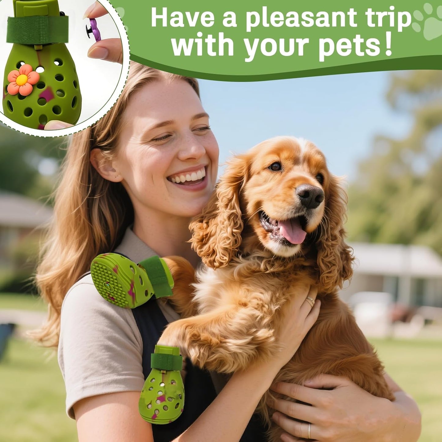 Dog Shoes for Hot Pavement, Adjustable Magic Tape Boots for Small, Medium & Large Dogs, Anti-Slip, Easy to Clean Paw Protectors for Beach, Outdoor & Hot Weather (Green M)