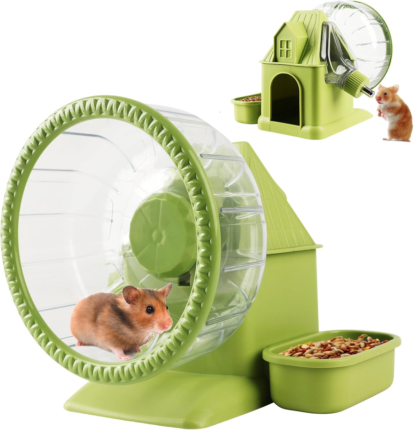 4 in 1 Silent Large Hamster Wheel Multifunctional Hamster Running Wheel Quite Running Spinner Wheel Accessories with Food Bowl Water Bottle for Hamsters Dwarf Gerbil (Green)
