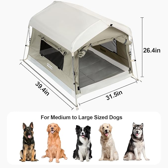 Dog Tent Cotton Fabric, Aluminum Poles and Camping Mat, Outdoor Weatherproof, Dog House Outdoor, Breathable with 2 Side Windows, Portable and Collapsible (Gray, Large)